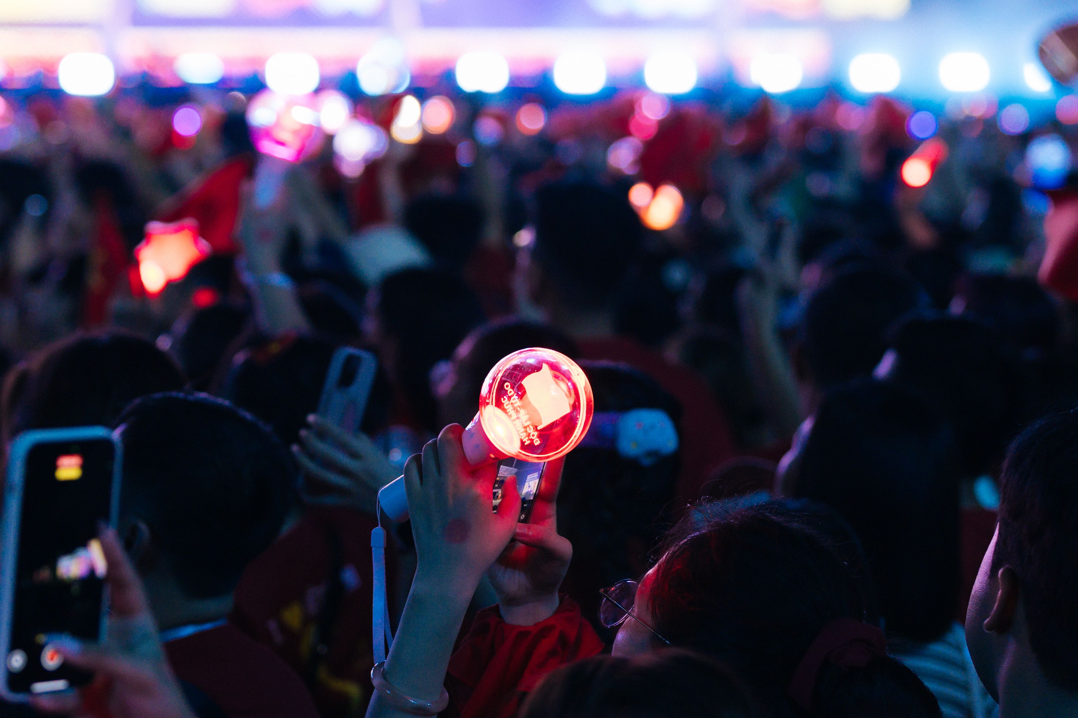 crowd at a concert holding light sticks