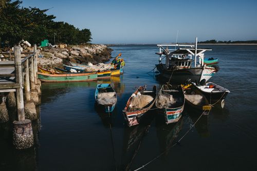 Free A serene view of colorful fishing boats docked in a Brazilian harbor on a sunny day. Stock Photo