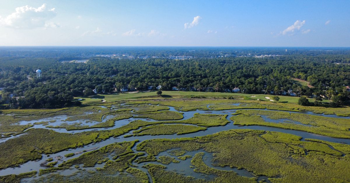 A stunning aerial view of marshlands with lush greenery near Cherry Grove, South Carolina.