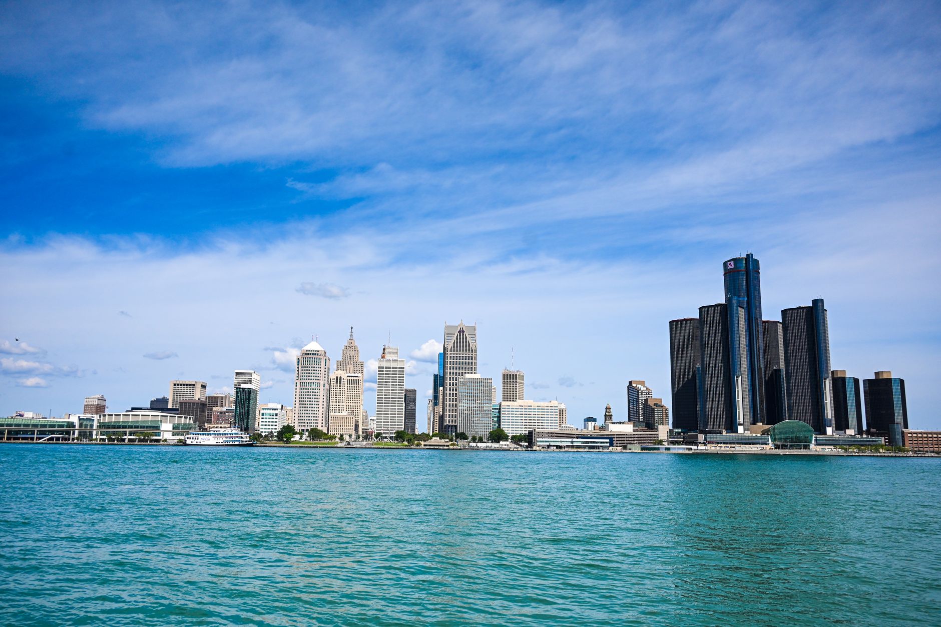 Stunning view of Detroit skyline featuring the Renaissance Center across the river.
