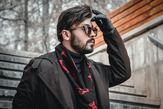 Stylish man in winter clothes, outdoors in Tehran, adjusting glasses on a cold day.