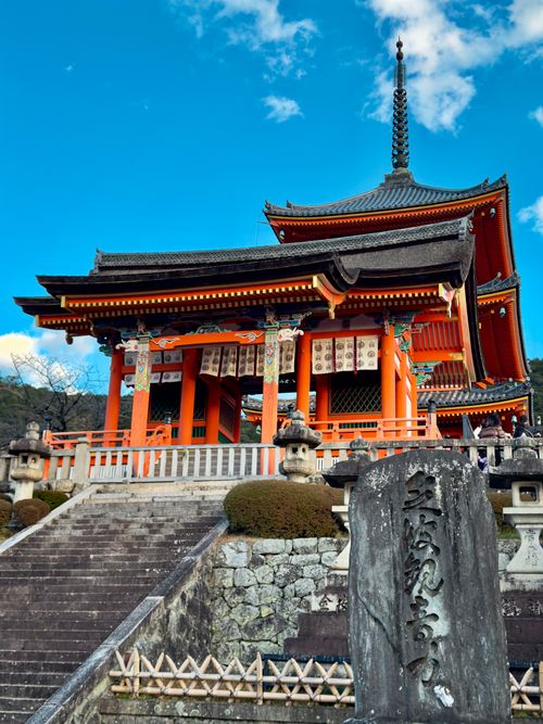 Free Stunning view of Kiyomizu-dera Temple in Kyoto with vibrant architecture and clear blue sky. Stock Photo