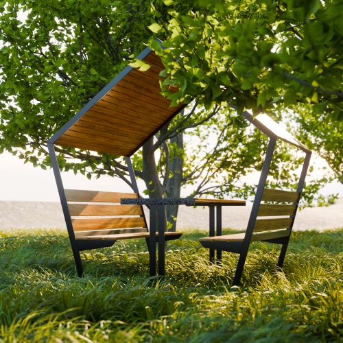 Free Sunlit wooden picnic table under lush trees in Chieşd, Romania. Stock Photo