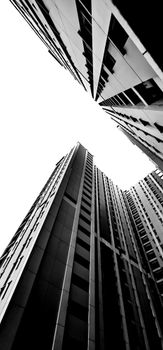Striking black and white view of towering skyscrapers in Jakarta, Indonesia.