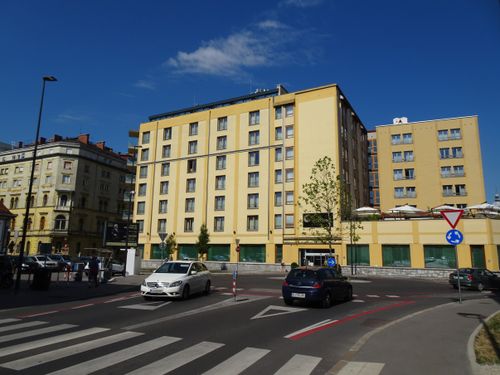 Free Street view of modern buildings in Ljubljana, Slovenia during summer. Stock Photo