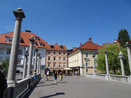 Free Sunny view of historical architecture and columns in Ljubljana, Slovenia. Stock Photo