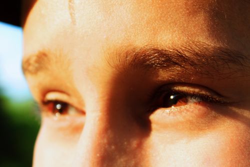 Free A close-up photo capturing the warmth and detail of a child's eyes in sunlight. Stock Photo