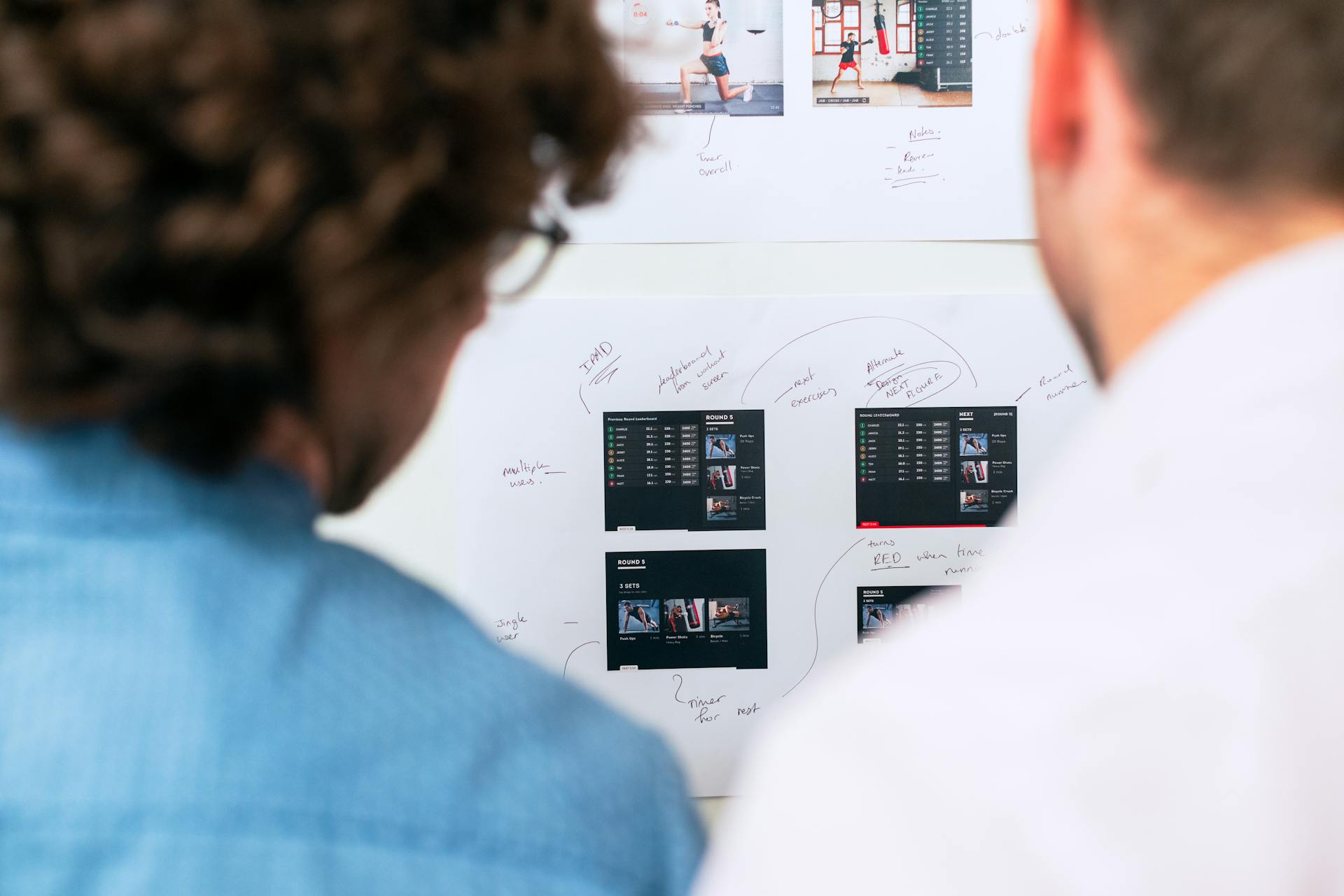 Two business professionals brainstorming and planning software development with a whiteboard in an office.