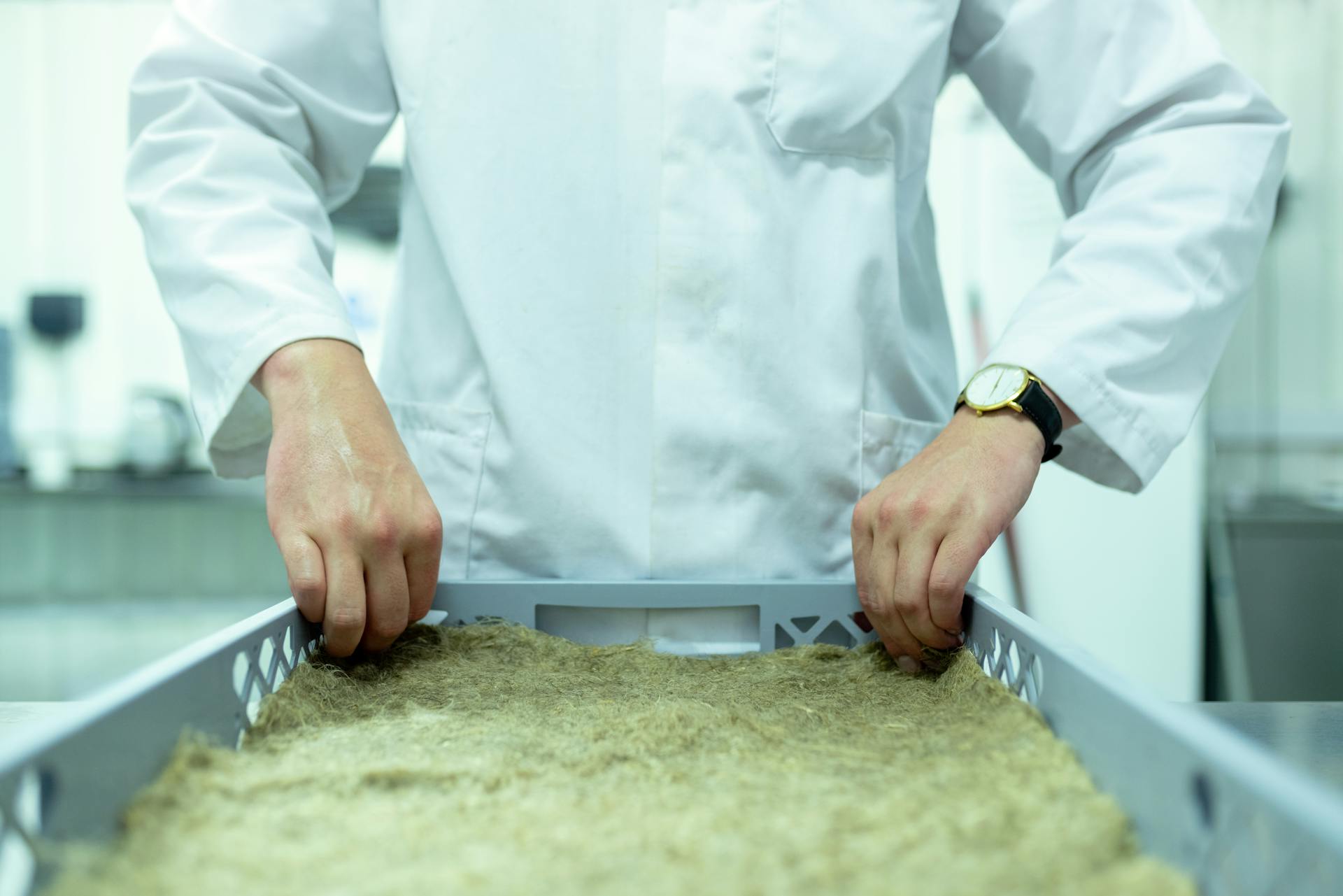 Scientist in lab coat handling samples in a research facility, focusing on sustainable practices.