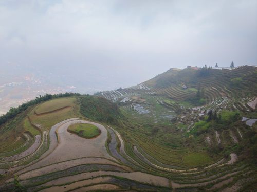 Free Aerial view of misty Yuanyang rice terraces, Yunnan, China. Stock Photo
