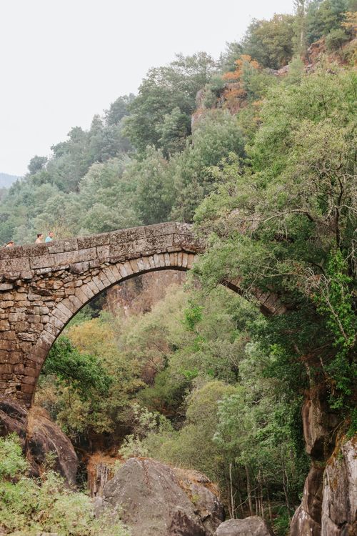 Free Scenic view of a historic stone arch bridge amid lush forest in Montalegre, Portugal. Stock Photo