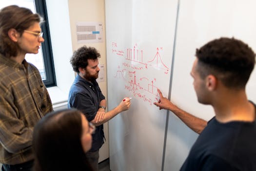 Group of engineers discussing data on a whiteboard during a team meeting.