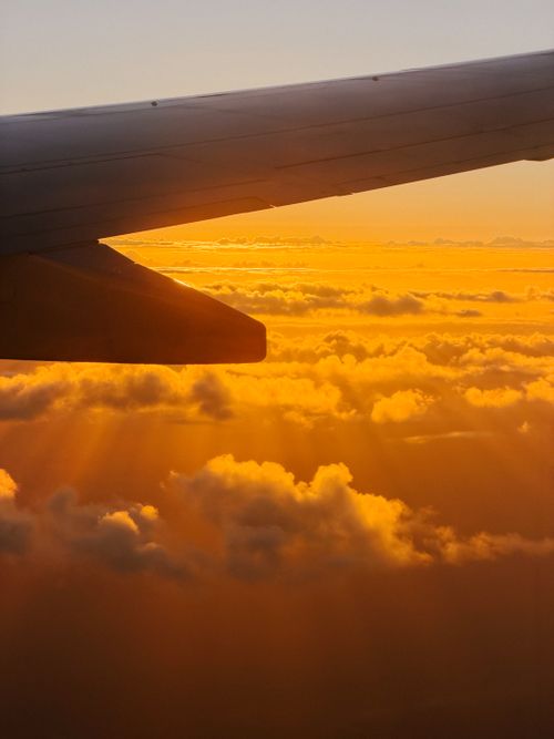 Free View of an airplane wing above golden clouds at sunset, showcasing breathtaking aerial beauty. Stock Photo