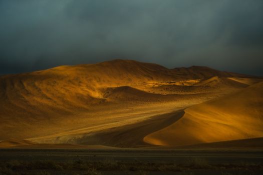 Captivating view of Namib Desert dunes at sunrise, showcasing shadows and light in Hardap, Namibia.