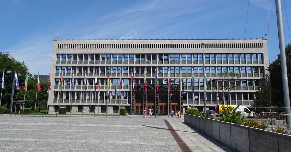 Front view of the modern Parliament building in Ljubljana, Slovenia on a sunny day.