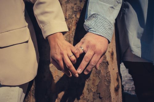 Free Close-up of a couple holding hands with wedding rings against a tree trunk. Stock Photo