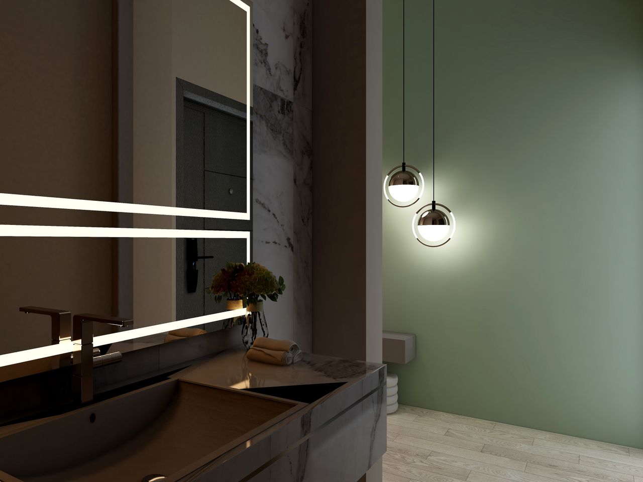 Two glass globe pendant lights hanging beside an illuminated mirror in a modern green bathroom