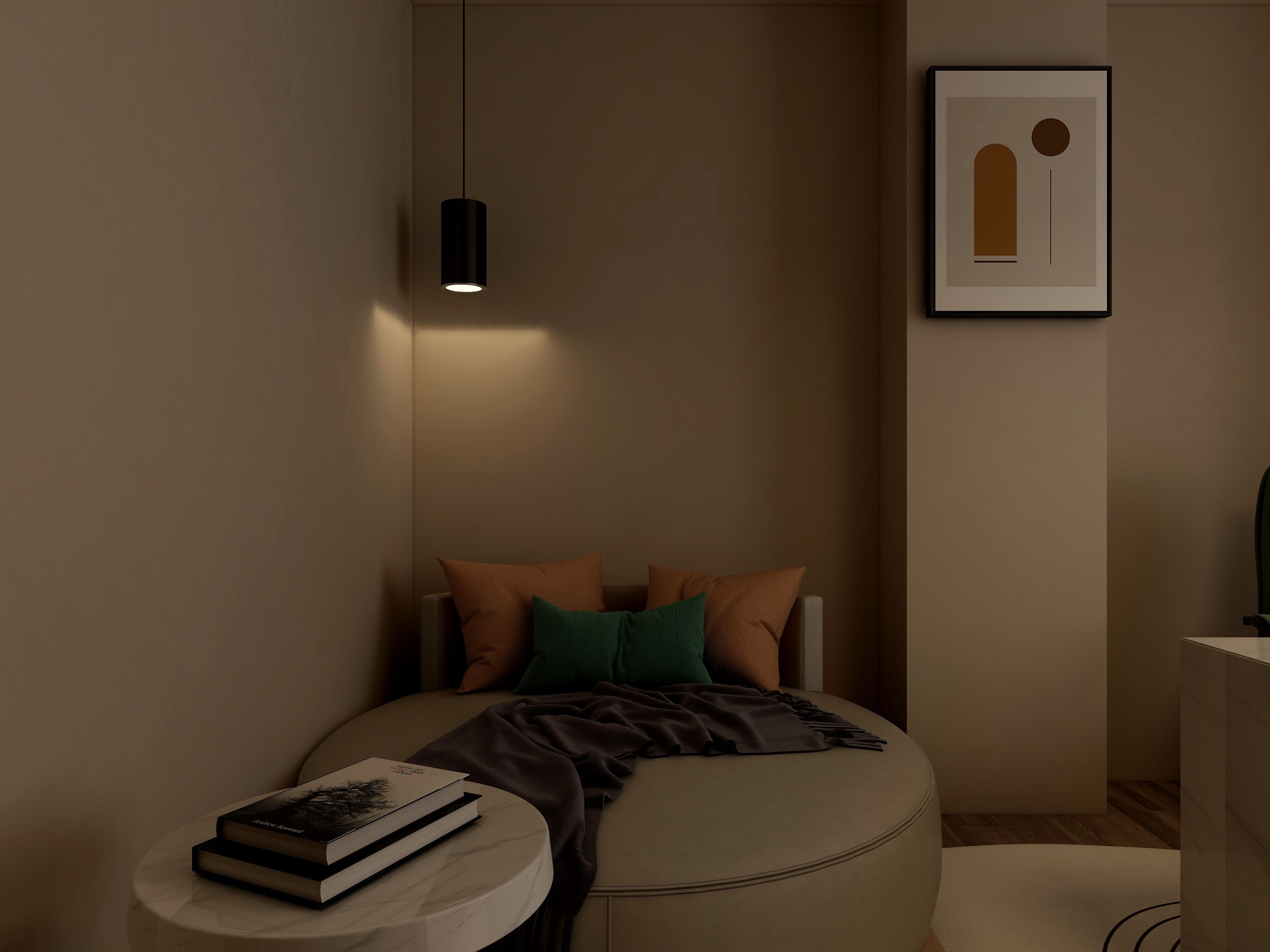 Knusse kamer met sfeervolle herfstige pendellampen.