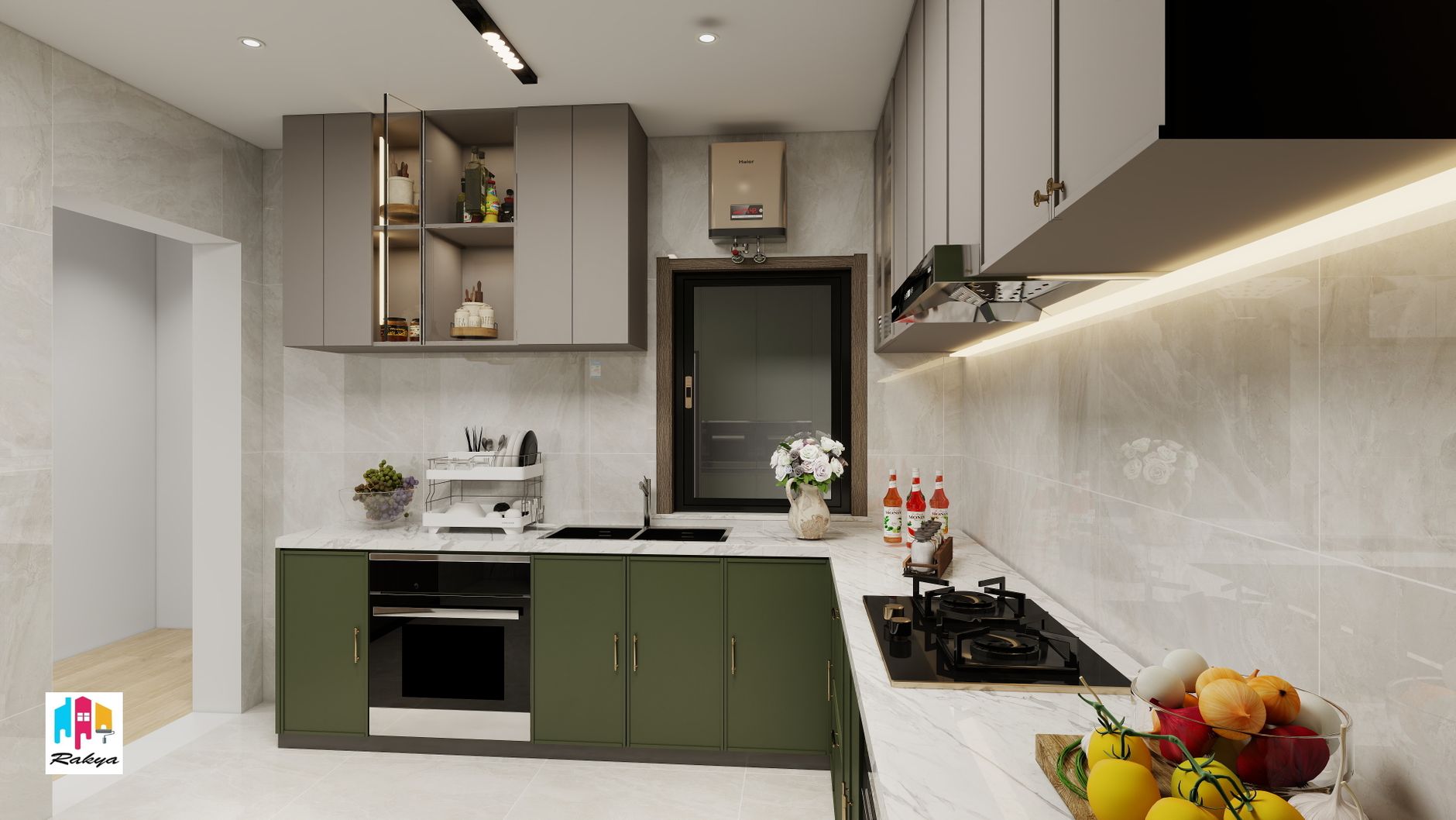 Elegant kitchen interior with marble countertops, modern cabinetry and stylish decor.