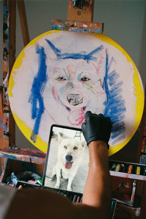 Free Artist replicates dog photo into vibrant canvas sketch in studio. Stock Photo