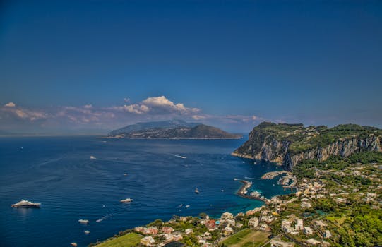 Explore the breathtaking aerial view of Capri, showcasing cliffs, ocean, and lush greenery.