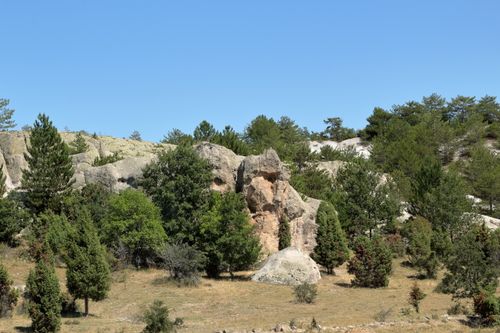 Free Rock formations surrounded by lush green trees in a serene outdoor setting under a clear blue sky. Stock Photo
