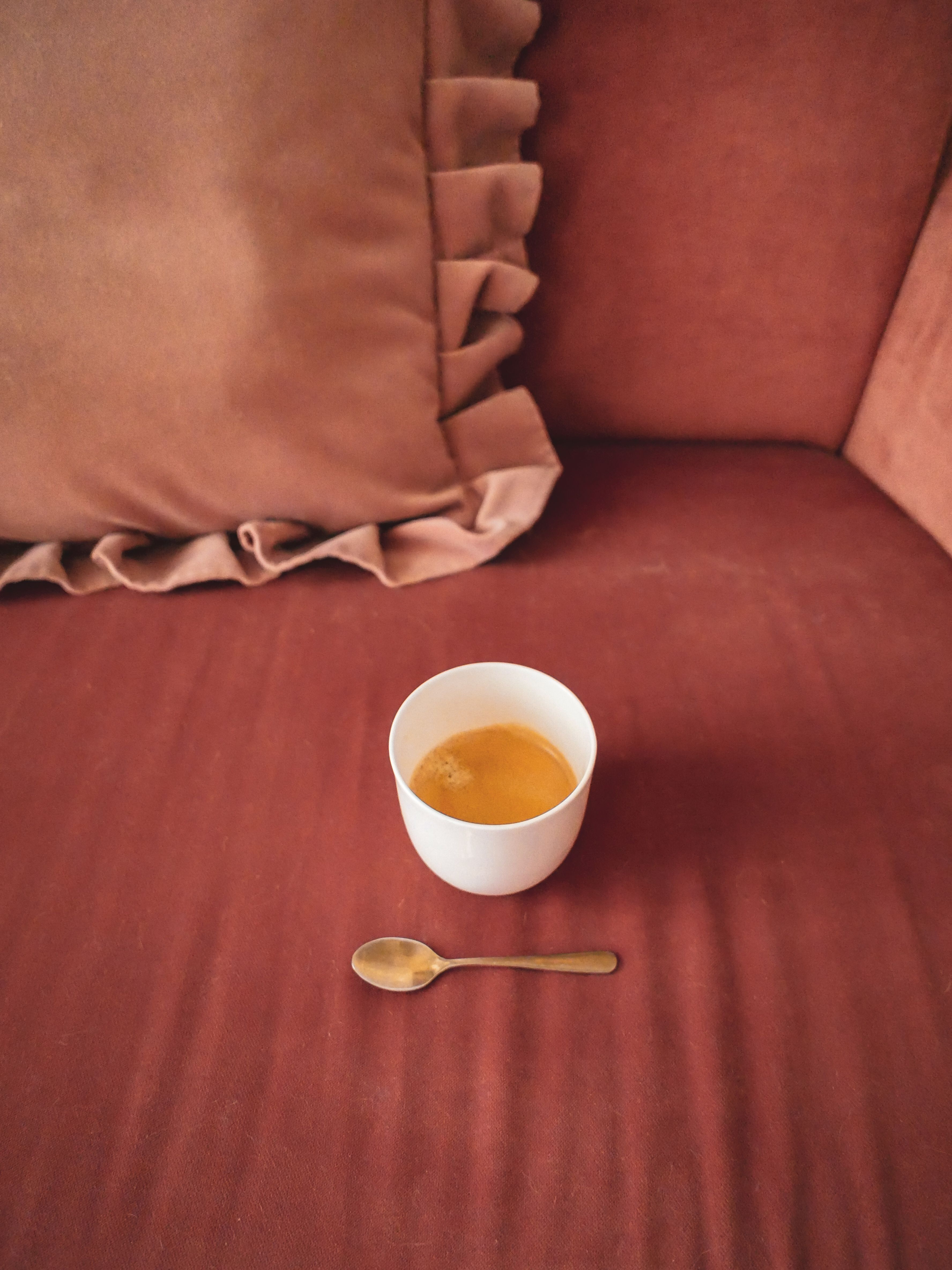 A warm espresso on a plush velvet sofa set in a cozy Vienna apartment.