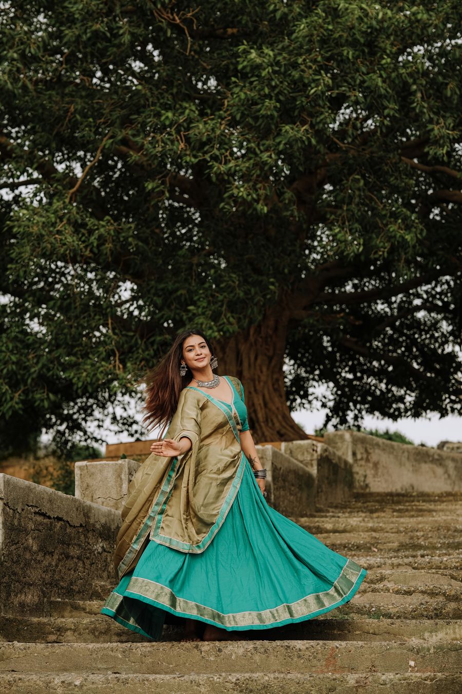 Teal Gold-Border Lehenga