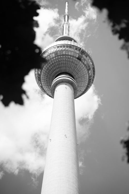 Free A striking monochrome photo of the iconic Berlin TV Tower seen from below. Stock Photo