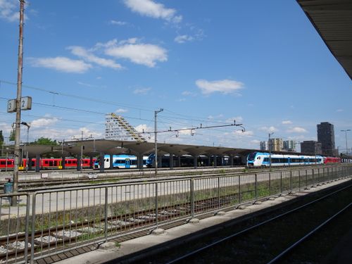 Free Trains at Ljubljana train station during a bright summer afternoon in Slovenia. Stock Photo