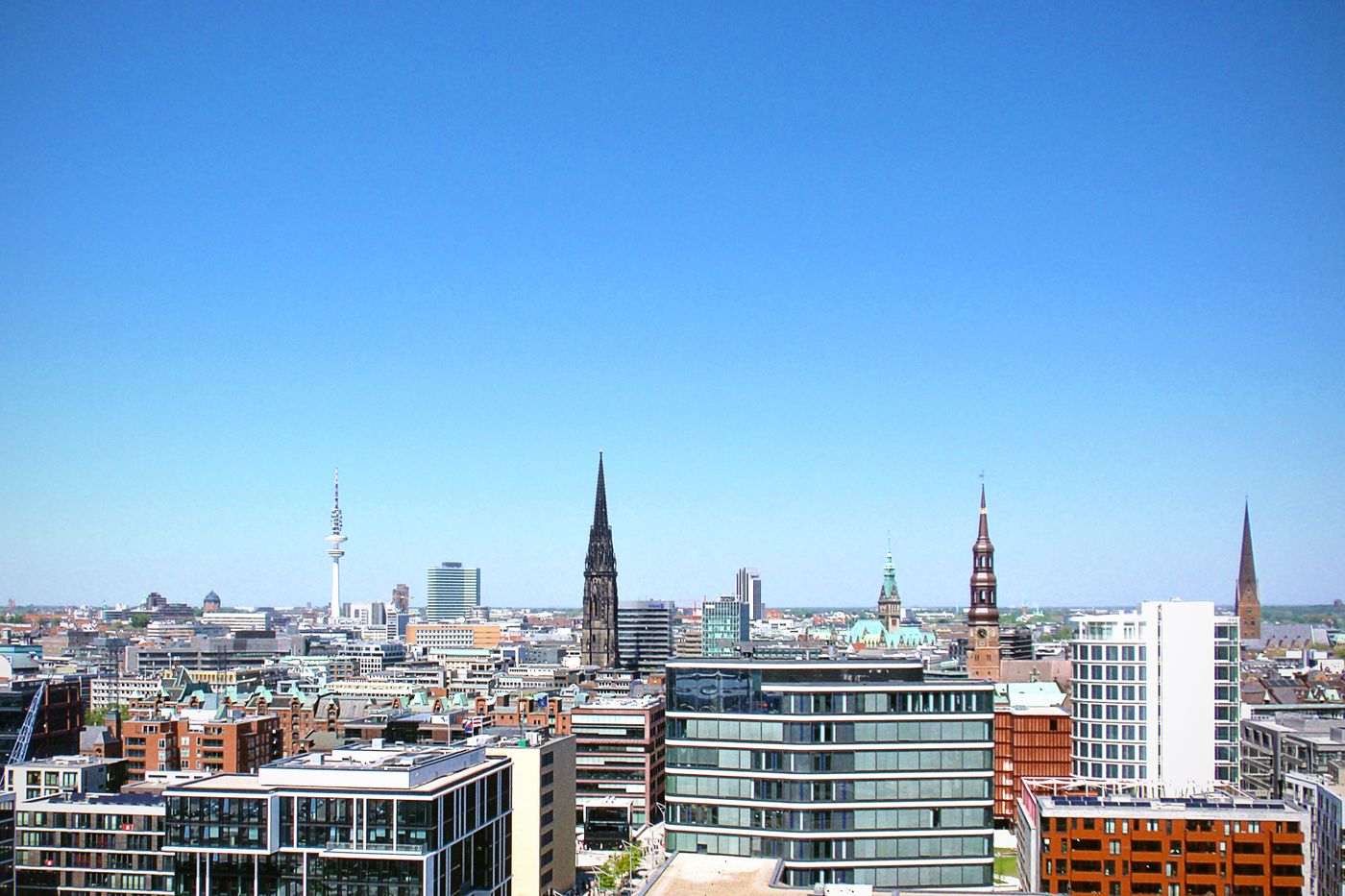 Aerial view of the Hamburg city skyline with modern office buildings