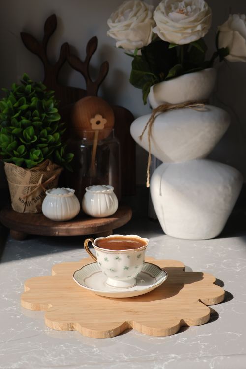 Free A delicate tea cup on a flower-shaped mat, surrounded by vases and plants in sunlight. Stock Photo