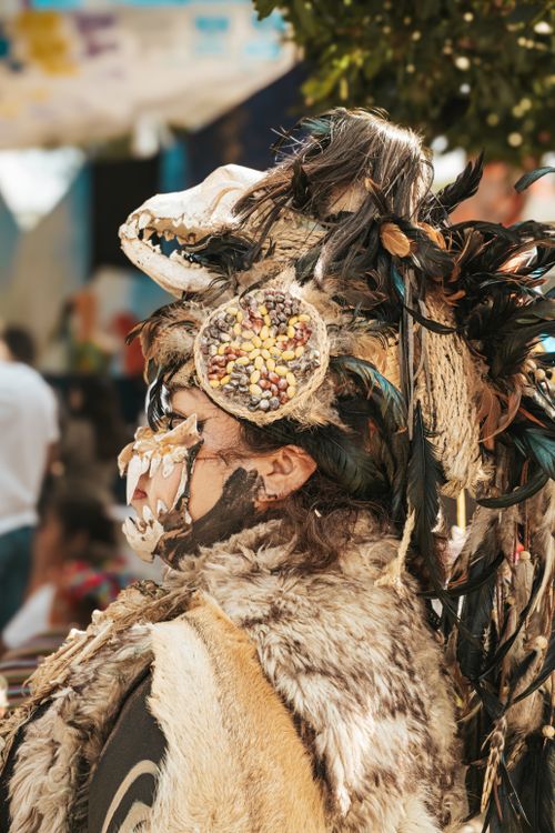 Free Close-up of a person adorned in elaborate feathers and textures at a festival in Guanajuato, Mexico. Stock Photo