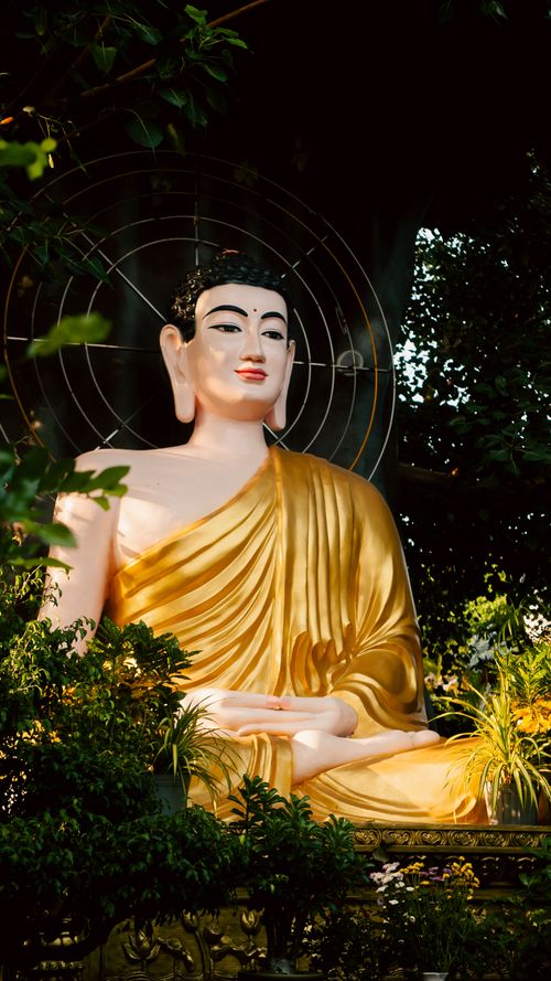 Free Peaceful Buddha statue surrounded by greenery in Ho Chi Minh City, Vietnam, captured in golden light outdoors. Stock Photo