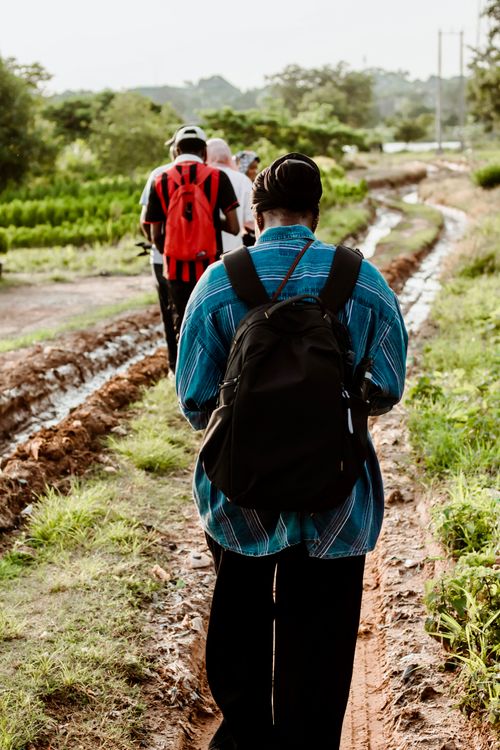 Free A group of people trekking down a muddy rural path surrounded by greenery in Nigeria. Stock Photo