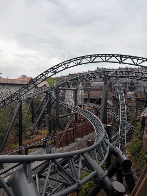 Free Exciting roller coaster tracks intertwine at Phantasialand amusement park in Germany. Stock Photo