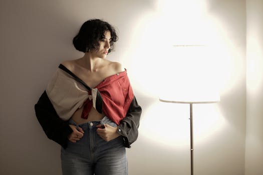 Stylish woman poses indoors by a bright lamp, showcasing contemporary fashion with an artistic touch.