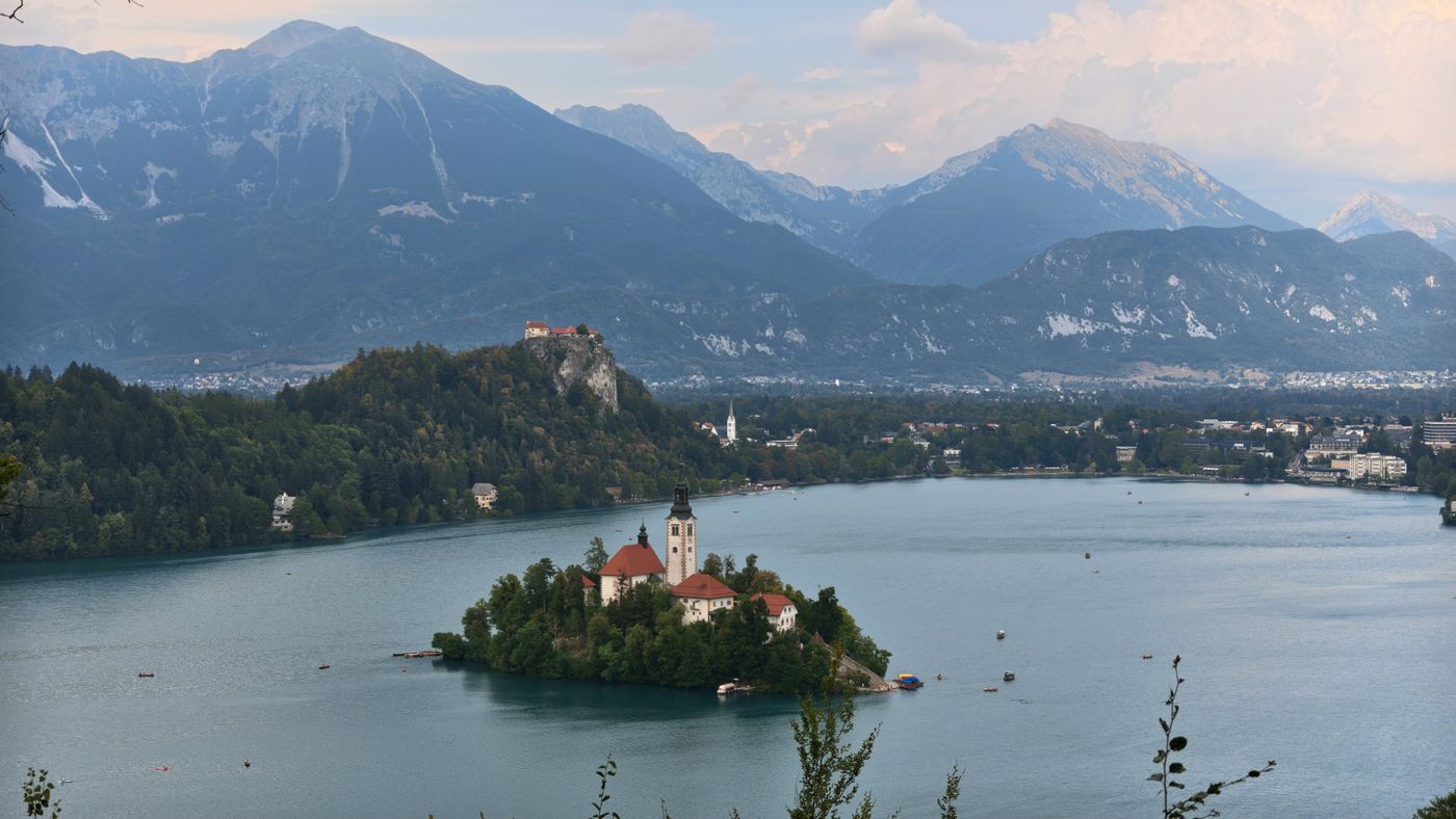 Lake Bled with the church on Bled Island and the Julian Alps behind, Slovenia