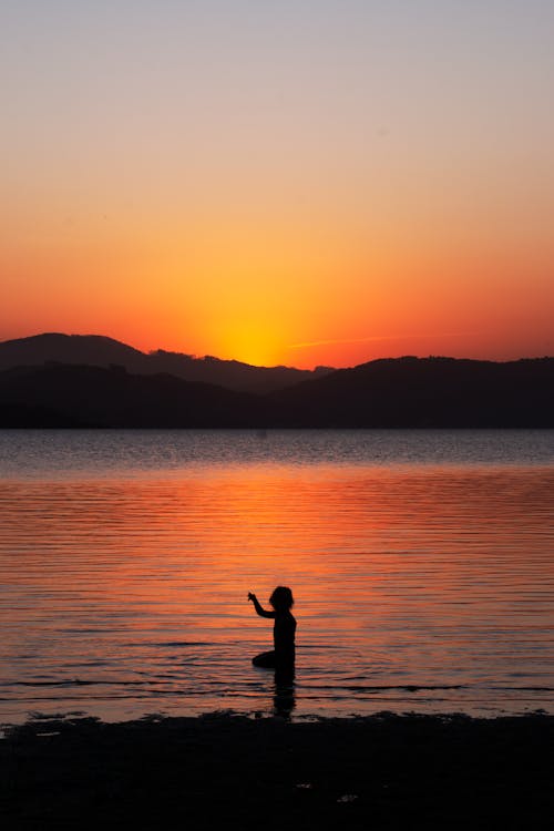 Silhouette of Person Standing on the Seashore during Sunset