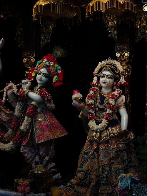 Free Beautifully adorned Radha Krishna statues inside a temple, showcasing vibrant details and devotional artistry. Stock Photo