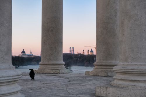Free A crow stands among columns with a cityscape view under a pastel sunrise sky. Stock Photo