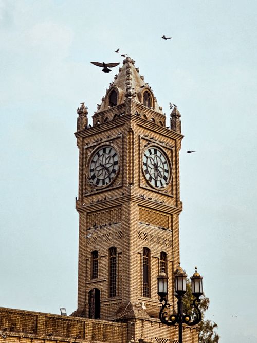 Free Elegant clock tower in classic style with birds flying around, set against a clear sky. Stock Photo