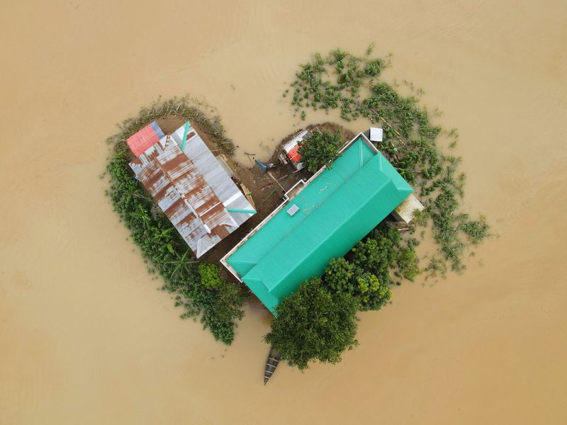 Aerial view of a flood-affected area in Bangladesh