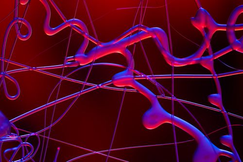 Free Vibrant abstract image featuring dynamic red and blue fluid shapes with luminous lighting. Stock Photo