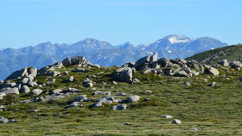 Free Scenic view of rocky terrain with mountain backdrop in Aullène, Corsica, France. Stock Photo