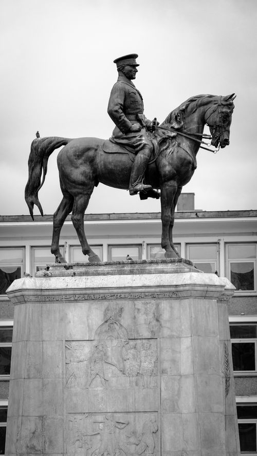 Free Black and white photo of an equestrian statue in a city landscape. Stock Photo