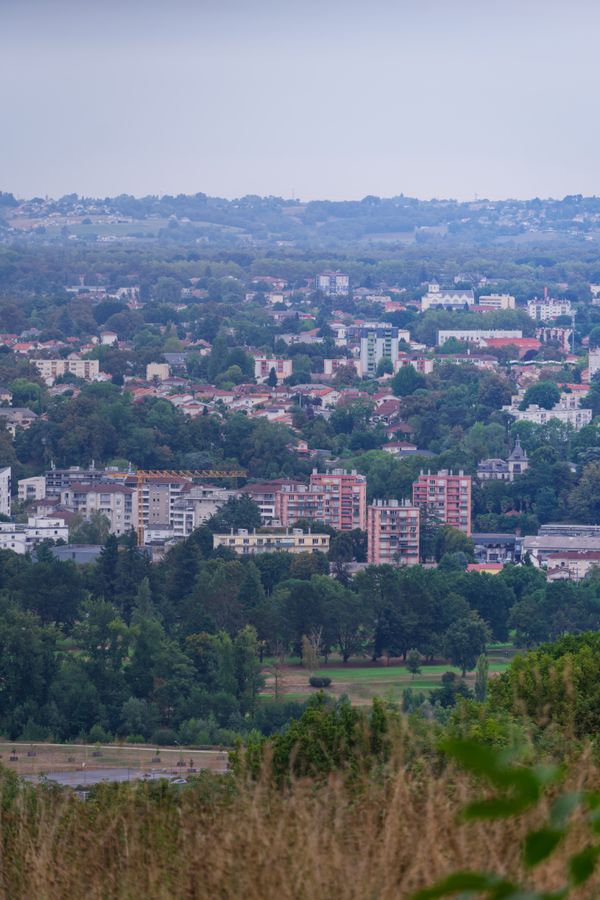 Vue voilée sur les toits de Pau depuis une colline herbeuse, en fin d'après-midi