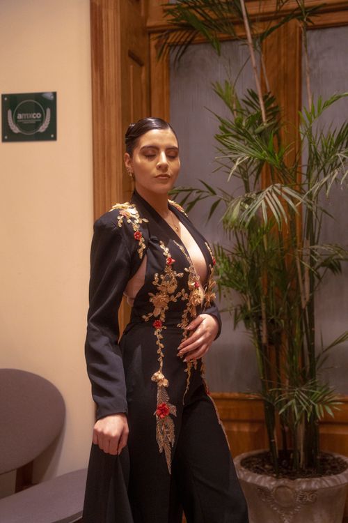 Free A woman in a detailed embroidered dress poses confidently indoors. Elegant fashion in a stylish setting. Stock Photo