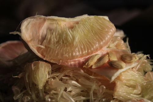 Free Detailed close-up of peeled pomelo fruit with seeds, showcasing juicy segments. Stock Photo