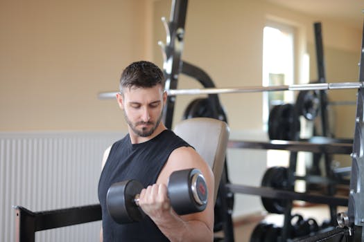 Adult male exercising with dumbbell in a gym, showcasing bicep strength training.